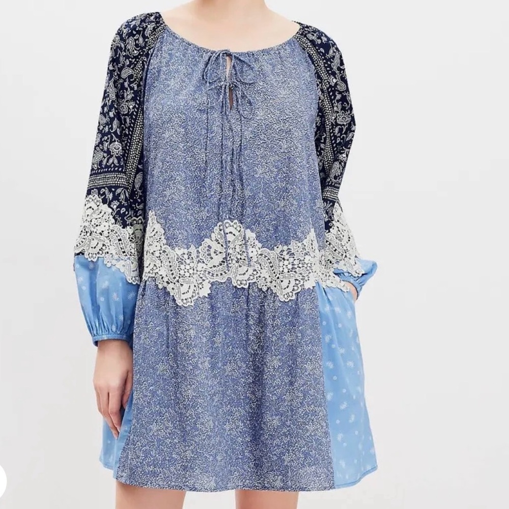 LOFT Bandana Patchwork Print Tie Peasant Dress Large Petite